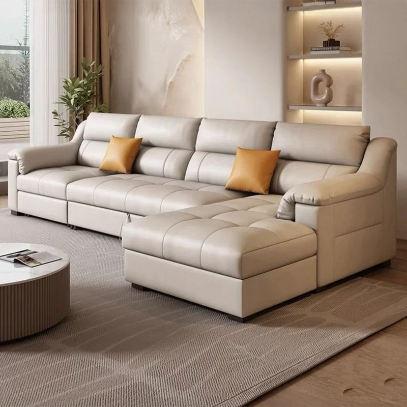 Enzo Sofacumbed featuring beige L shape sofa cumm bed design, quilted stitching, convertible sofa bed function and recliner sofa bed comfort
