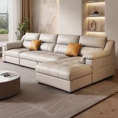 Enzo Sofacumbed featuring beige L shape sofa cumm bed design, quilted stitching, convertible sofa bed function and recliner sofa bed comfort