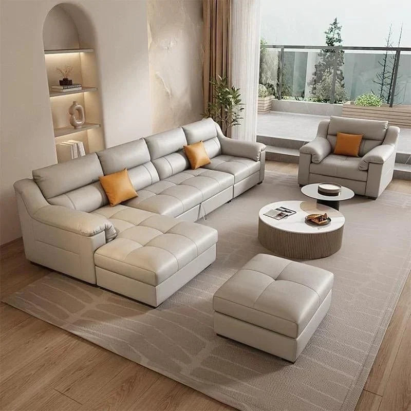 Upholstered in durable beige leatherette with quilted detailing, the Ardix Sofa Cumm Bed unfolds into a spacious double bed using a smooth pull-out mechanism.