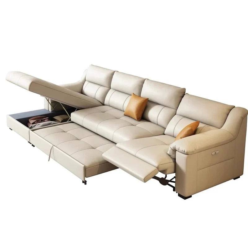 The Ardix Sofa Cumm Bed combines motorised recliner footrests, plush backrests and hidden sofa bed storage, creating a comfortable and practical convertible sofa bed for modern homes.