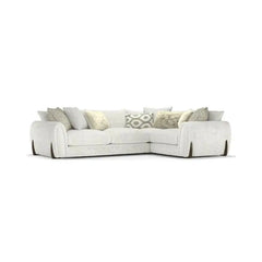 L shape sofa with curved arms and wooden accent details, leg and base detail