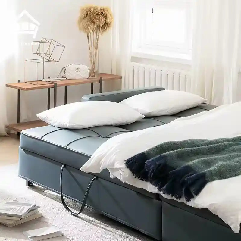 sofa bed with storage showing the sofa-to-bed conversion with side pockets alternate front angle