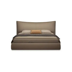 low profile platform bed showing the lift-up storage area with curved padded headboard