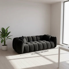3 seater fabric sofa with olive boucle upholstery and deep lounge seating, lounge angle