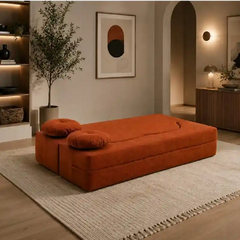 fold out sofa bed showing the sofa-to-bed conversion with textured fabric alternate front angle