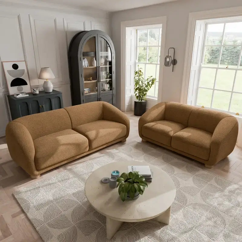 Fabric sofa with thick rounded arms and natural wooden legs, wide-angle seating view