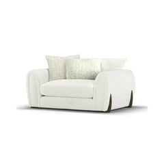Corner sofa with curved arms and wooden accent details, wide-angle seating view