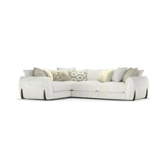 L shape sofa with curved arms and wooden accent details, top-angle perspective