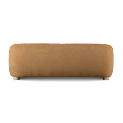 Boucle sofa with thick rounded arms and natural wooden legs, top-angle perspective