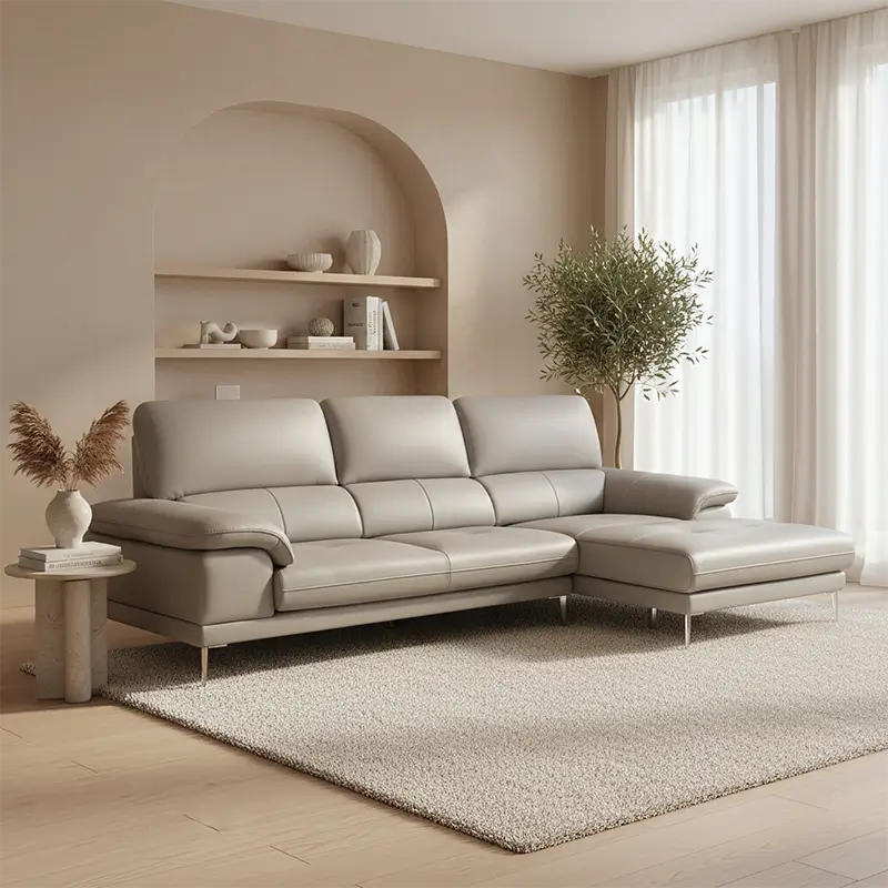 high cushioned back, broad padded arms, neat stitching,