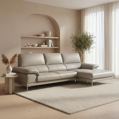 high cushioned back, broad padded arms, neat stitching,