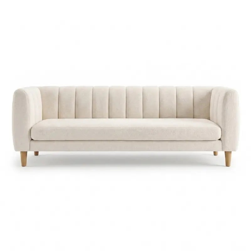 leatherette sofa with rounded armrest and cushion side angle, full configuration