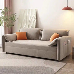 sofa bed convertible shown in the pull-out sleeping position with side pockets alternate side angle