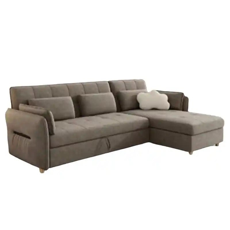 pull out sofa bed showing the built-in storage compartment with L-shape lounger alternate front angle
