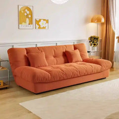 sofa bed folding side angle showing the seating profile with fold-down padded backrest alternate front angle