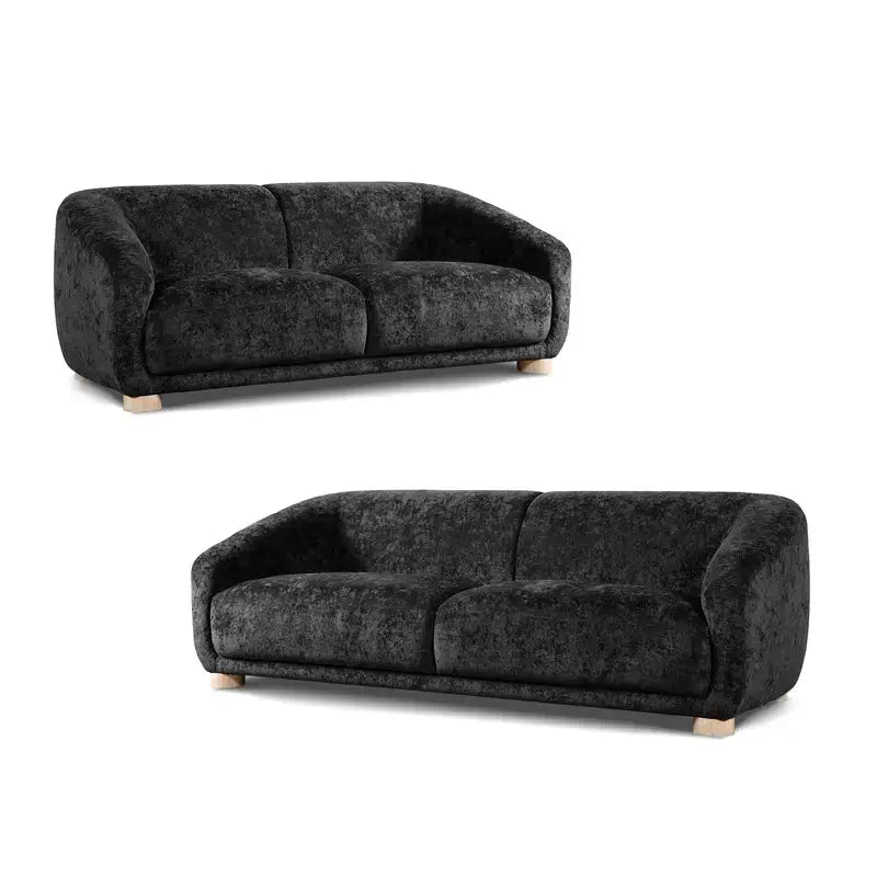 Boucle sofa with thick rounded arms and natural wooden legs, compact layout view