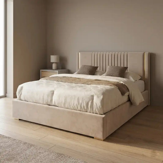 upholstered bed with headboard shown in a spacious bed layout with soft padded headboard