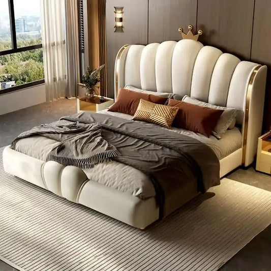 bed with headboard shown in a spacious bed layout with vertical padded panels