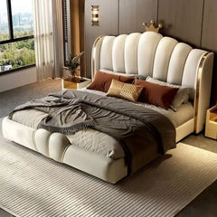 bed with headboard shown in a spacious bed layout with vertical padded panels