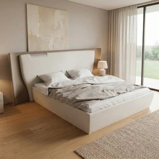 luxury bed shown in a spacious bed layout with wide curved headboard