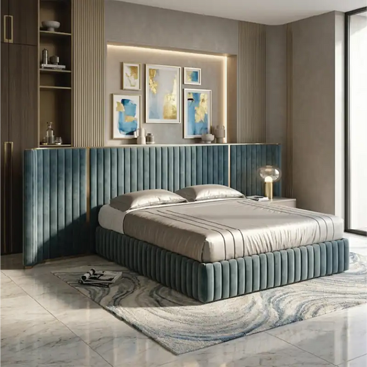 modern bed with headboard shown in a spacious bed layout with vertical padded panels