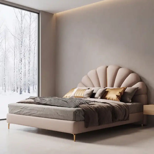 king size bed front angle showing the padded headboard with shell-shaped padded headboard