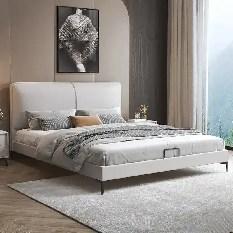 queen size bed frame front angle showing the padded headboard with padded headboard