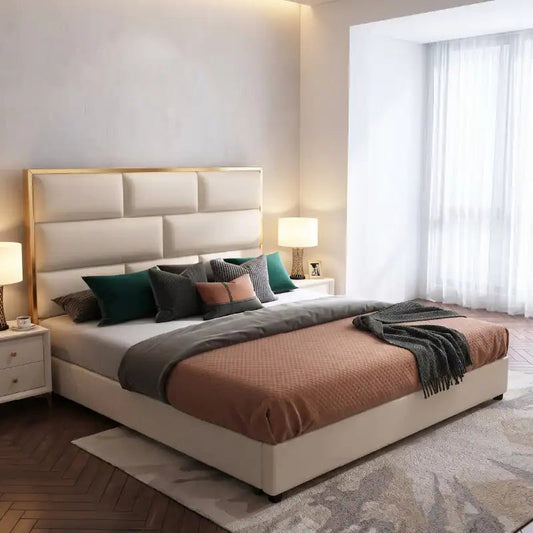 bed frame shown in a compact double-bed layout with geometric padded headboard
