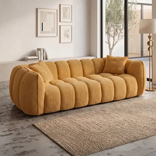 boucle sofa with olive boucle upholstery and deep lounge seating, front perspective