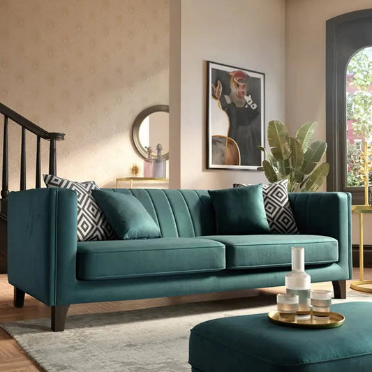 Fabric sofa set with vertically stitched backrest and wooden legs, front three-quarter view