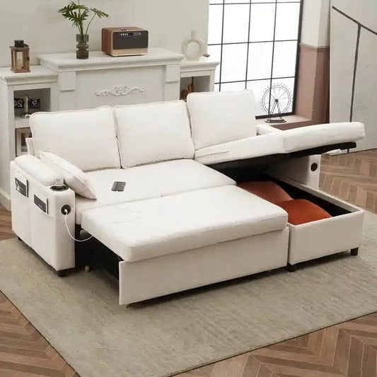 pull out sofa bed couch front view with cushioned seating with cup holders