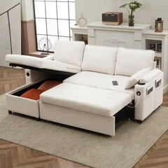 pull out sofa bed couch front view with cushioned seating with cup holders