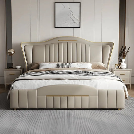 Givon luxury upholstered bed featuring king size bed cot design with integrated storage and elegant master bedroom styling