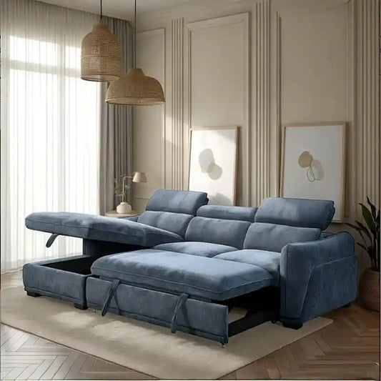 sofa bed with storage shown in the pull-out sleeping position with concealed storage