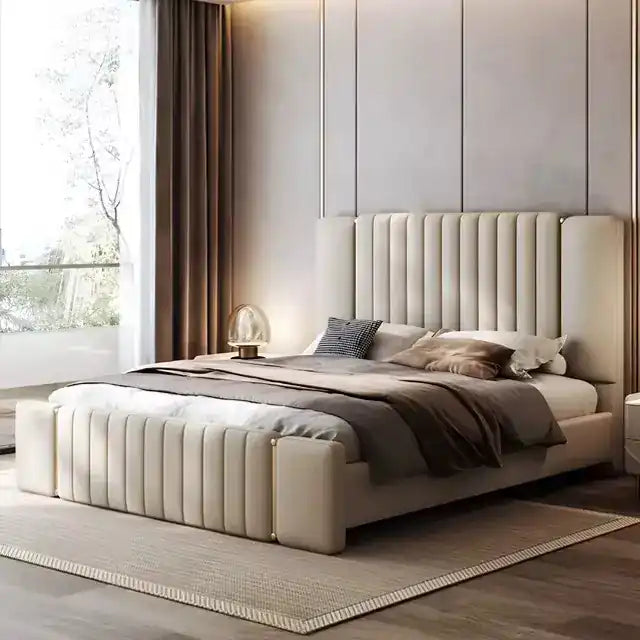 double bed shown with a balanced mattress layout with tall padded headboard
