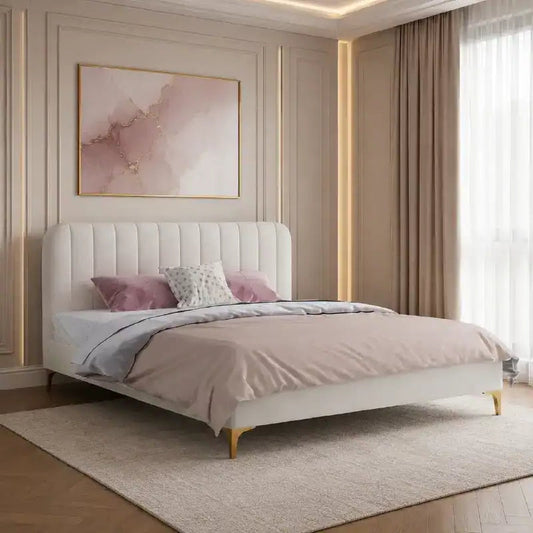 low profile platform bed front angle showing the padded headboard with rounded padded edges