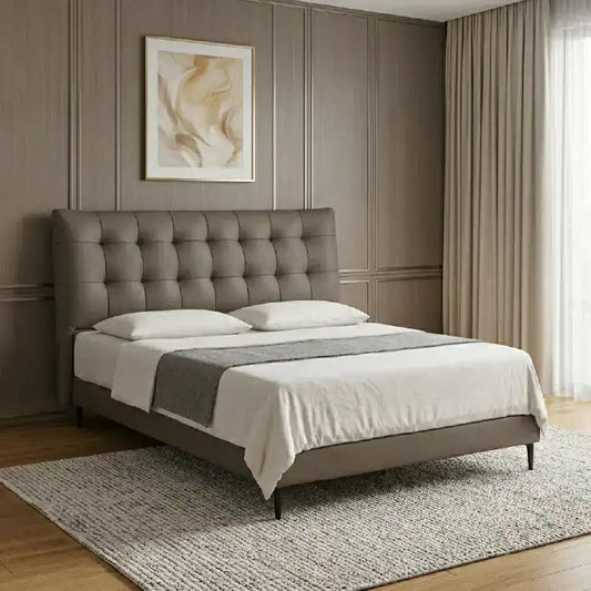 leatherette bed front angle showing the padded headboard with button-padded headboard