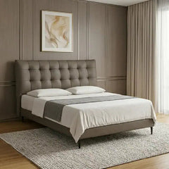 leatherette bed front angle showing the padded headboard with button-padded headboard