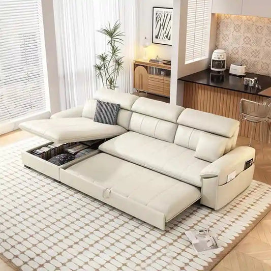 l shape sofa bed with storage shown in the pull-out sleeping position with hidden storage
