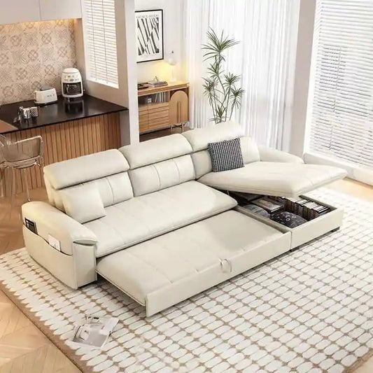 l shape sofa bed with storage shown in the pull-out sleeping position with hidden storage