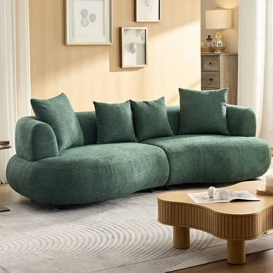 lounge sofa set with deep lounge seating with plush loose cushions, three-quarter view