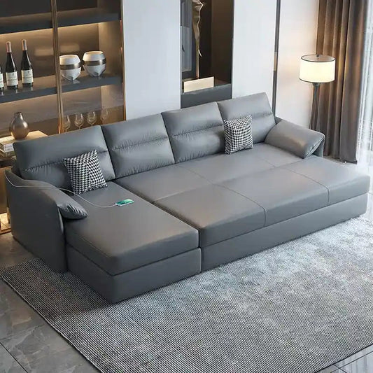 corner sofa bed opened as a guest sleeping surface with hidden storage