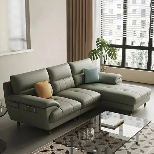 l shape sofa set with spacious spacious lounger and high backrest, front perspective