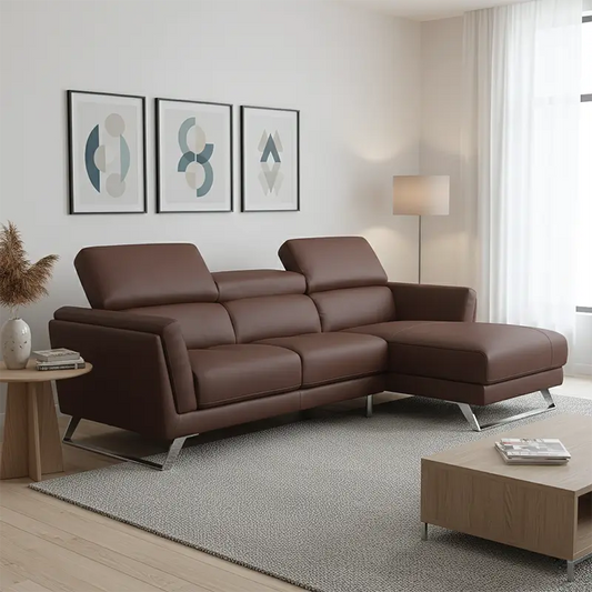 l shape sofa with adjustable headrests and spacious lounger seating, front perspective