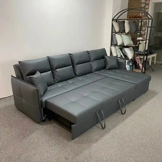 l shape sofa bed front view with cushioned seating with lift-up storage