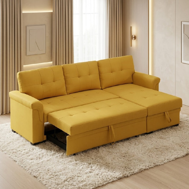 sectional sofa bed front view with cushioned seating with storage lounger