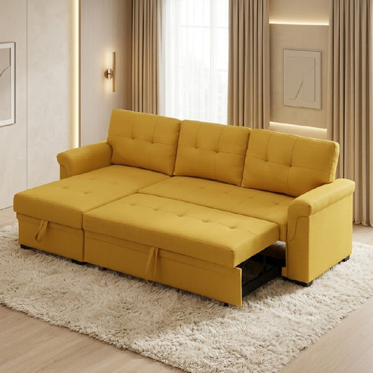 sectional sofa bed front view with cushioned seating with storage lounger