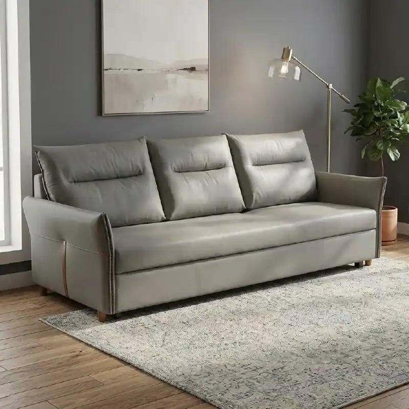 compact sofa bed front view with cushioned seating with high back support