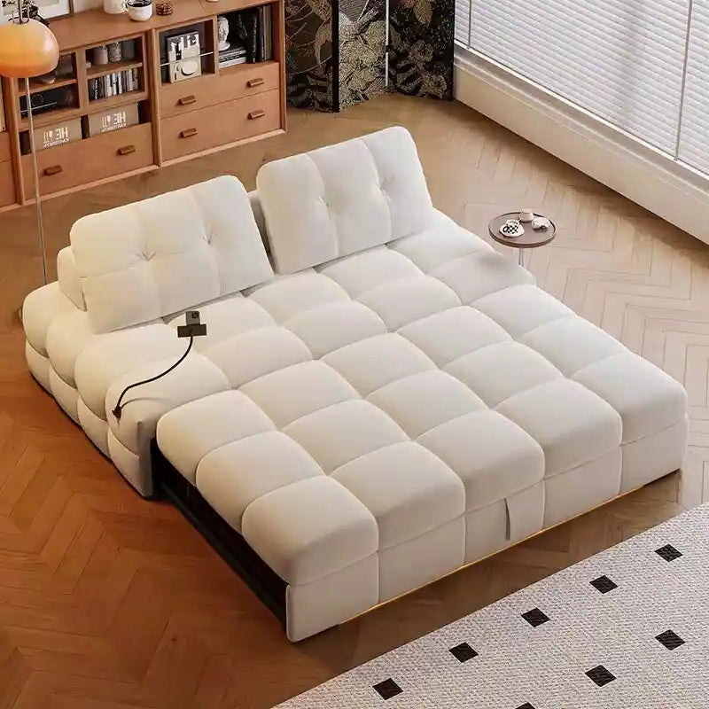 sofa bed two in one front view with cushioned seating with charging holder