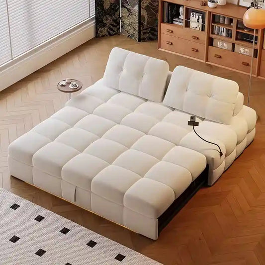 sofa bed two in one front view with cushioned seating with charging holder